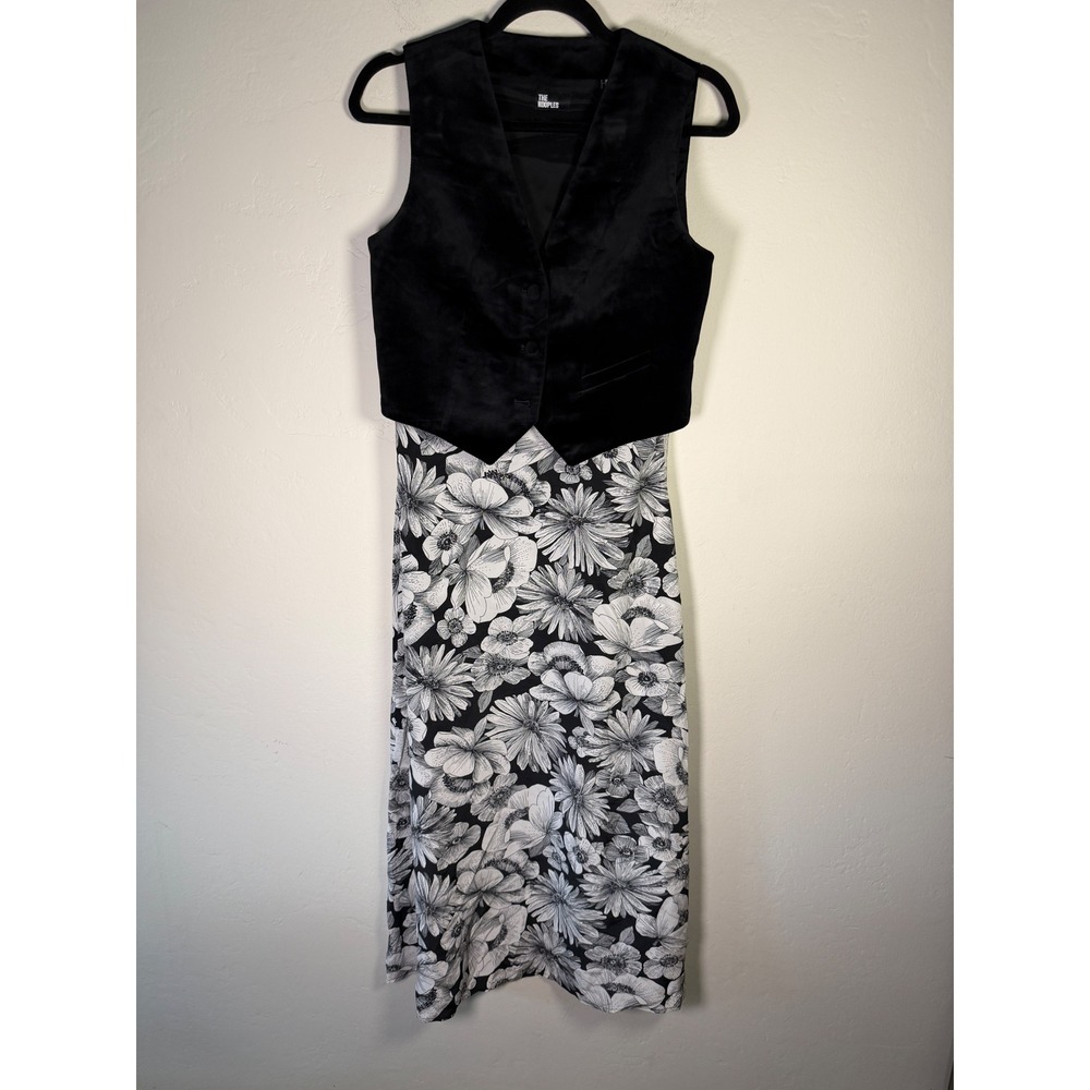 The Kooples Black Velvet Vest Floral Silk Skirt Midi Dress Size M - Picture 3 of 15